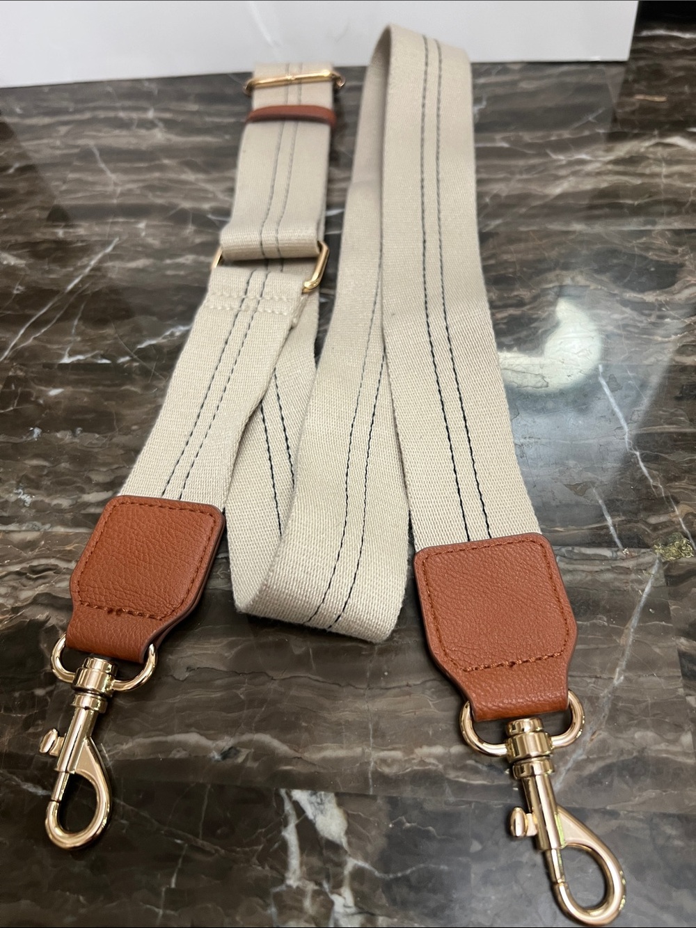 Adjustable Cream Canvas Bag Strap with Tan Leather Accents 50 inch long